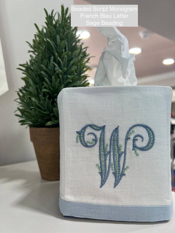 White Linen Tissue Cover with Baby Blue trim and beaded script monogram letter W in French blue thread with sage beading.
