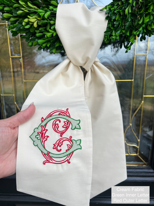 Cream Fabric Christmas Wreath sash with Vintage Red and Green Single Monogram.