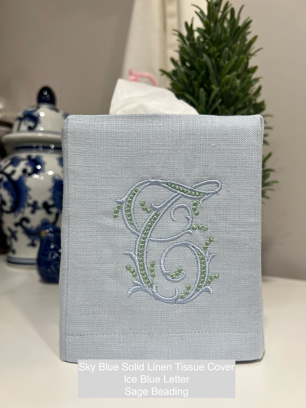 Sky Blue Solid Linen Tissue Cover with Beaded script letter T, Icy blue letter with sage beading.