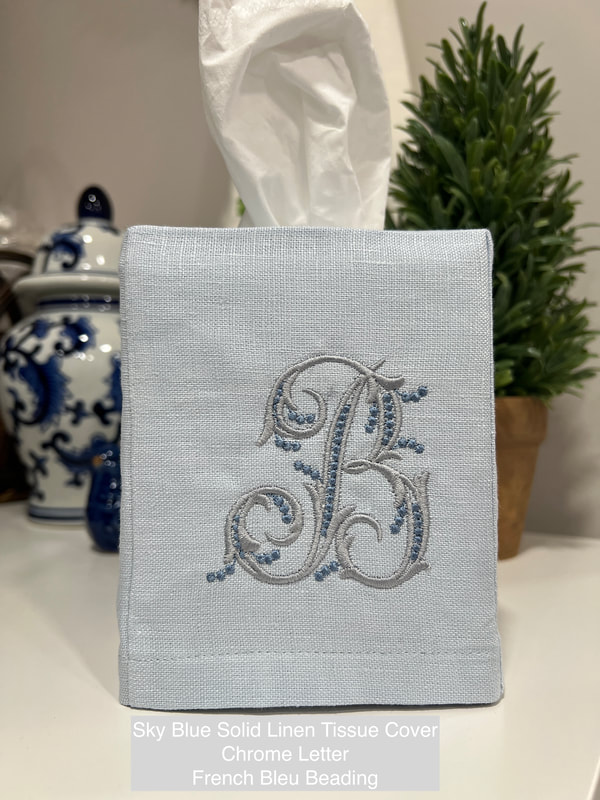 Sky Blue Solid Linen Tissue Cover with beaded Script Monogram letter B, Chrome letter with French Bleu beading.