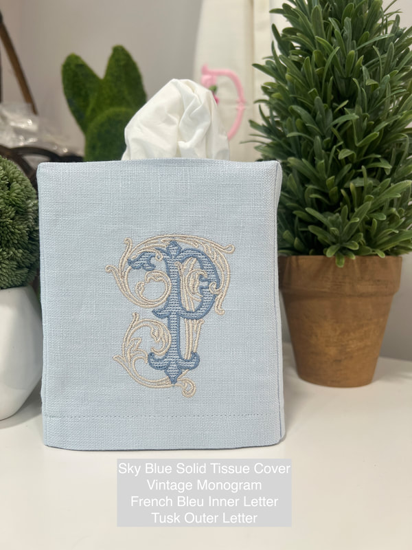Sky Blue Solid Tissue Cover with Vintage Monogram Letter P, with French Bleu Inner Letter and Tusk outer letter.