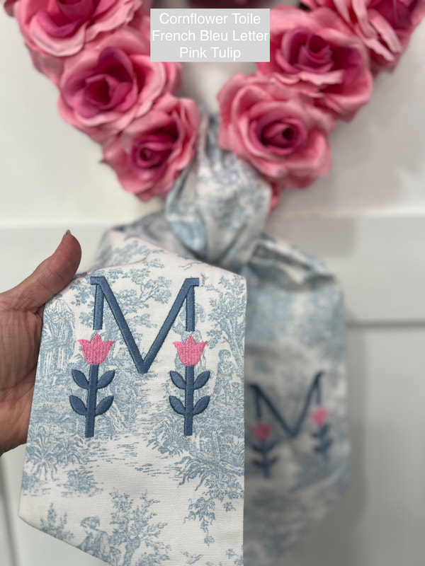 Cornflower blue toile wreath sash with French Bleu Monogram and Pink tulips
