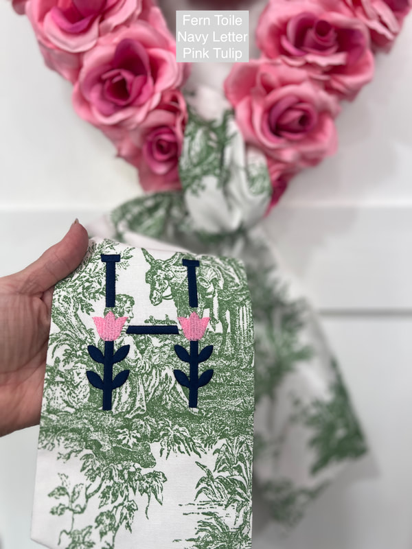 Fern Green Toile wreath sash with Navy monogram and pink tulips